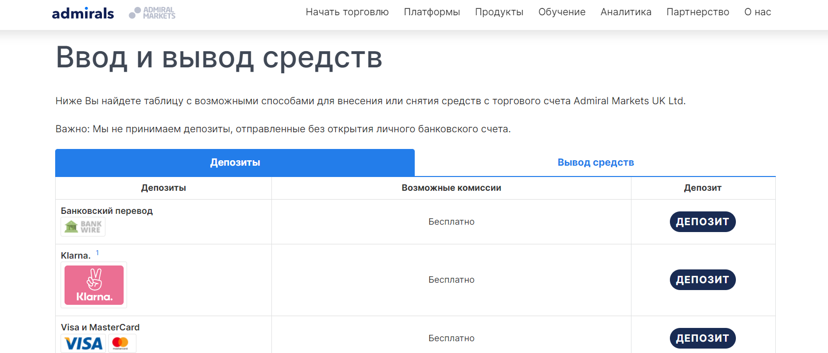 Как внести депозит или сделать вывод в Admiral Markets